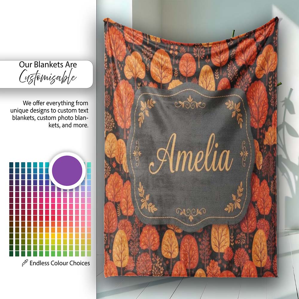 Autumn Leaves in Warm Orange Tones on Dark Background Seamless Personalised Custom Name Super Soft Fleece Blanket Bed Sofa Throw