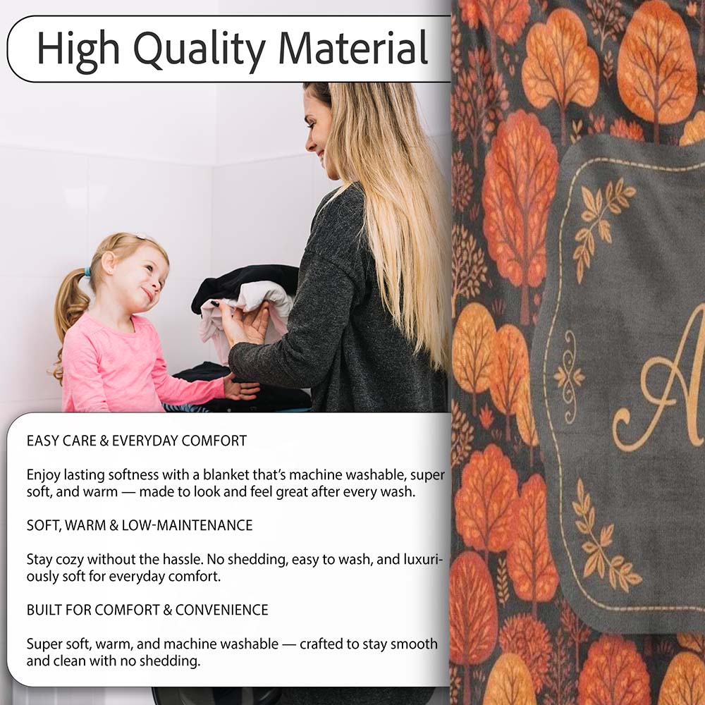 Autumn Leaves in Warm Orange Tones on Dark Background Seamless Personalised Custom Name Super Soft Fleece Blanket Bed Sofa Throw