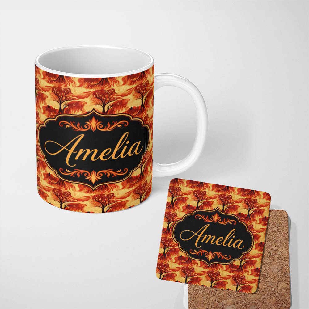 Personalized Custom Name Fiery Forest Landscape with Burning Trees and Flames Seamless 11oz Ceramic Coffee Tea Mug White Large Handle