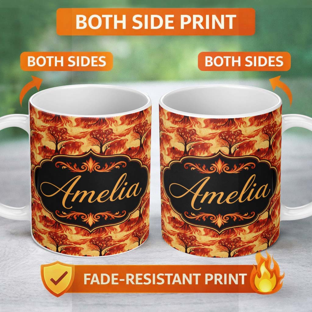 Personalized Custom Name Fiery Forest Landscape with Burning Trees and Flames Seamless 11oz Ceramic Coffee Tea Mug White Large Handle
