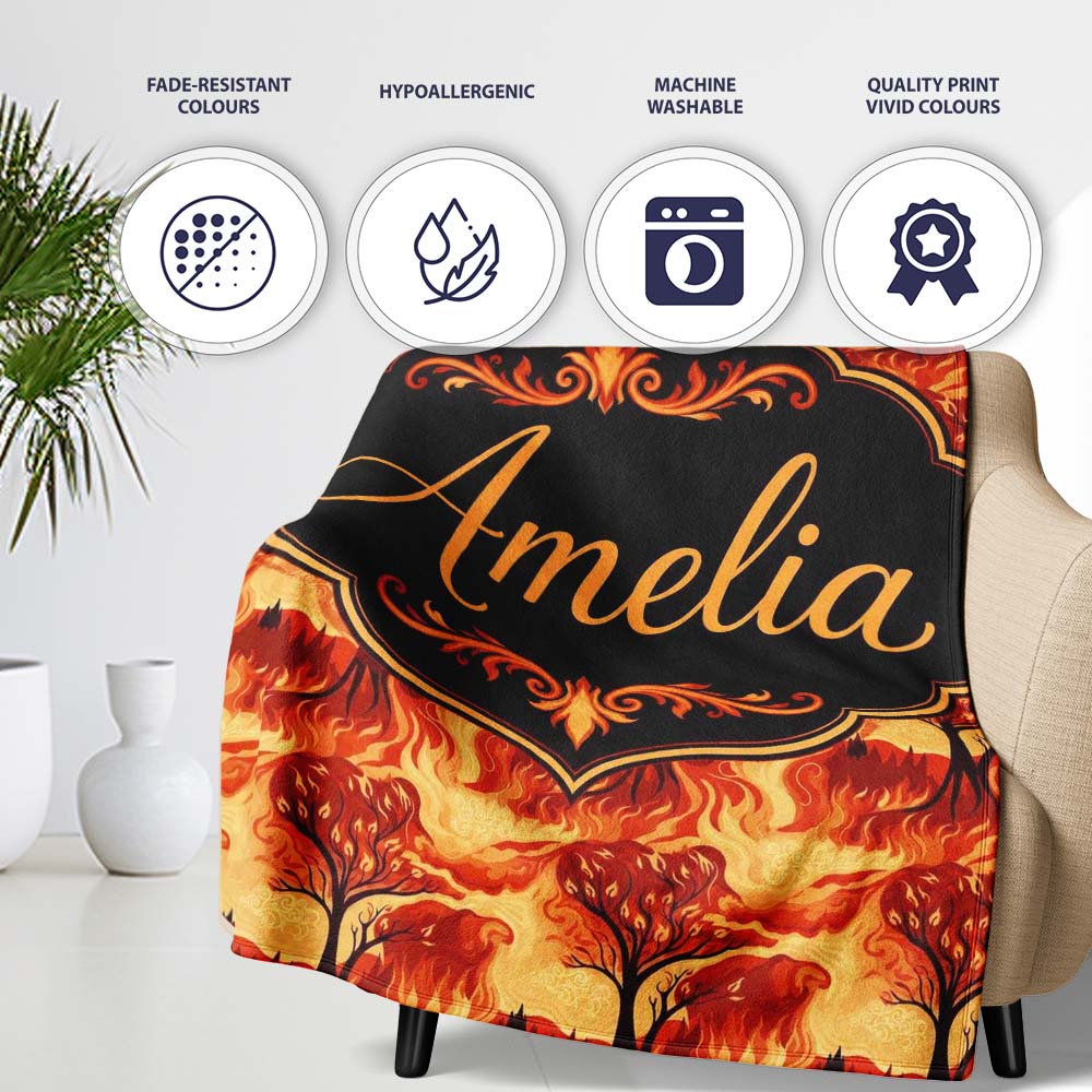 Fiery Forest Landscape with Burning Trees and Flames Seamless Personalised Custom Name Super Soft Fleece Blanket Bed Sofa Throw