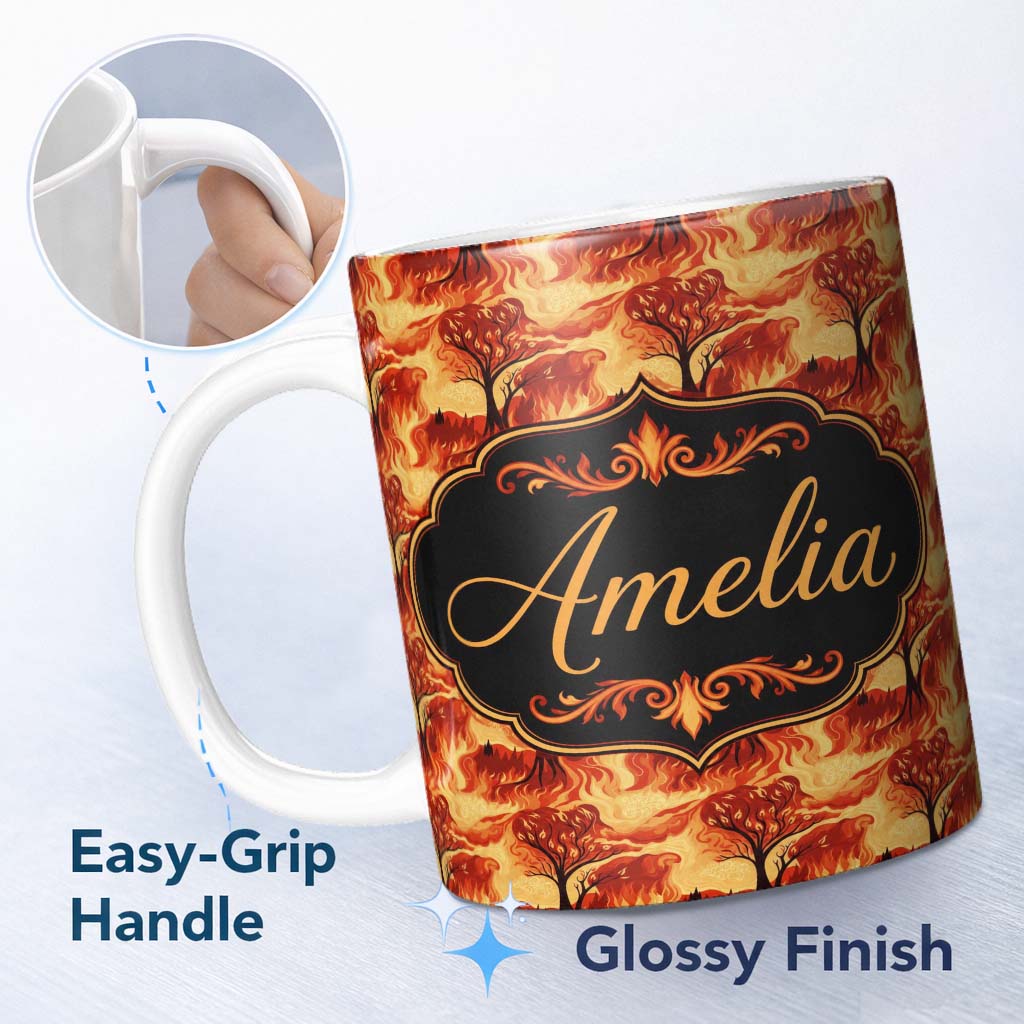 Personalized Custom Name Fiery Forest Landscape with Burning Trees and Flames Seamless 11oz Ceramic Coffee Tea Mug White Large Handle