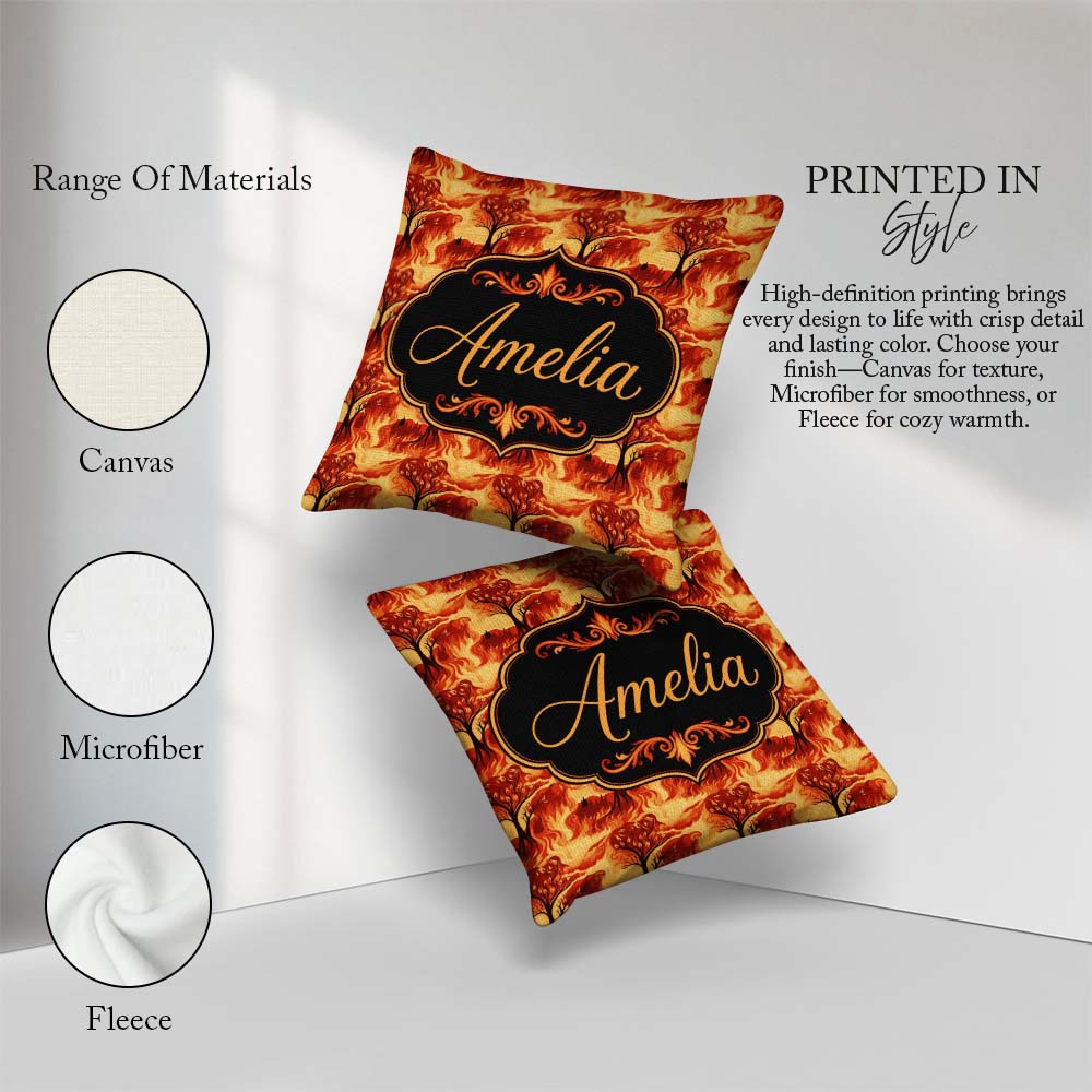 Custom Name Fiery Forest Landscape with Burning Trees and Flames Square Filled Cushion Throw Pillow Sofa Bed Home Decor Zip Washable UK Made