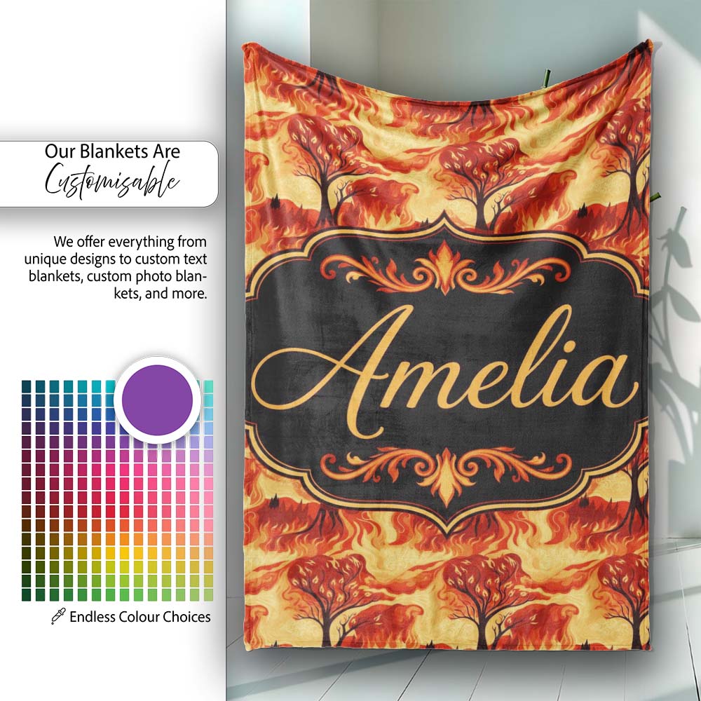 Fiery Forest Landscape with Burning Trees and Flames Seamless Personalised Custom Name Super Soft Fleece Blanket Bed Sofa Throw