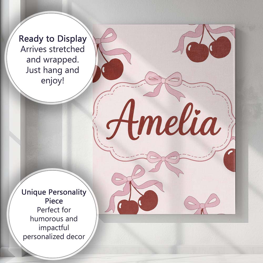Personalised Name Cherry Bow Ribbon Cute Minimal Beige Background Custom Bespoke Canvas Wall Art Print Decor Picture Ready to Hang