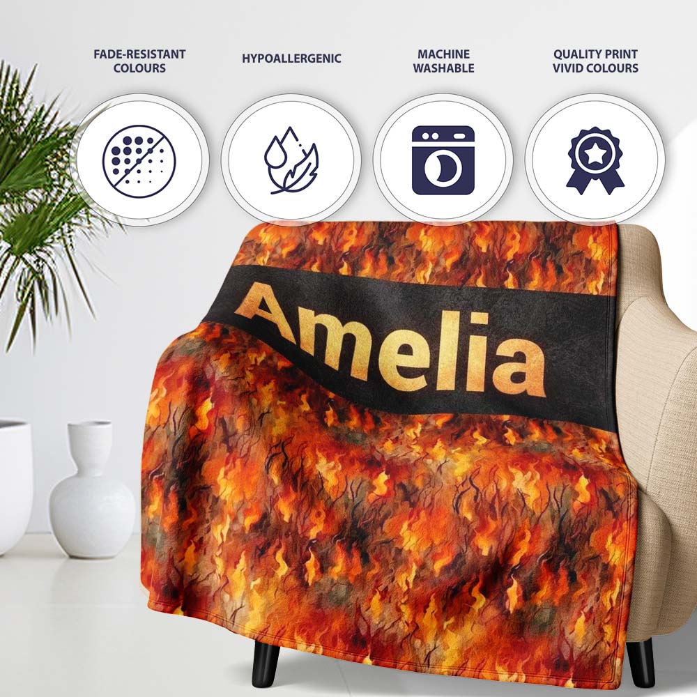Intense Flame Texture with Abstract Fire Elements Seamless Pattern Personalised Custom Name Super Soft Fleece Blanket Bed Sofa Throw