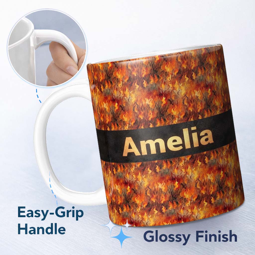 Personalized Custom Name Intense Flame Texture with Abstract Fire Elements Seamless Pattern 11oz Ceramic Coffee Tea Mug White Large Handle