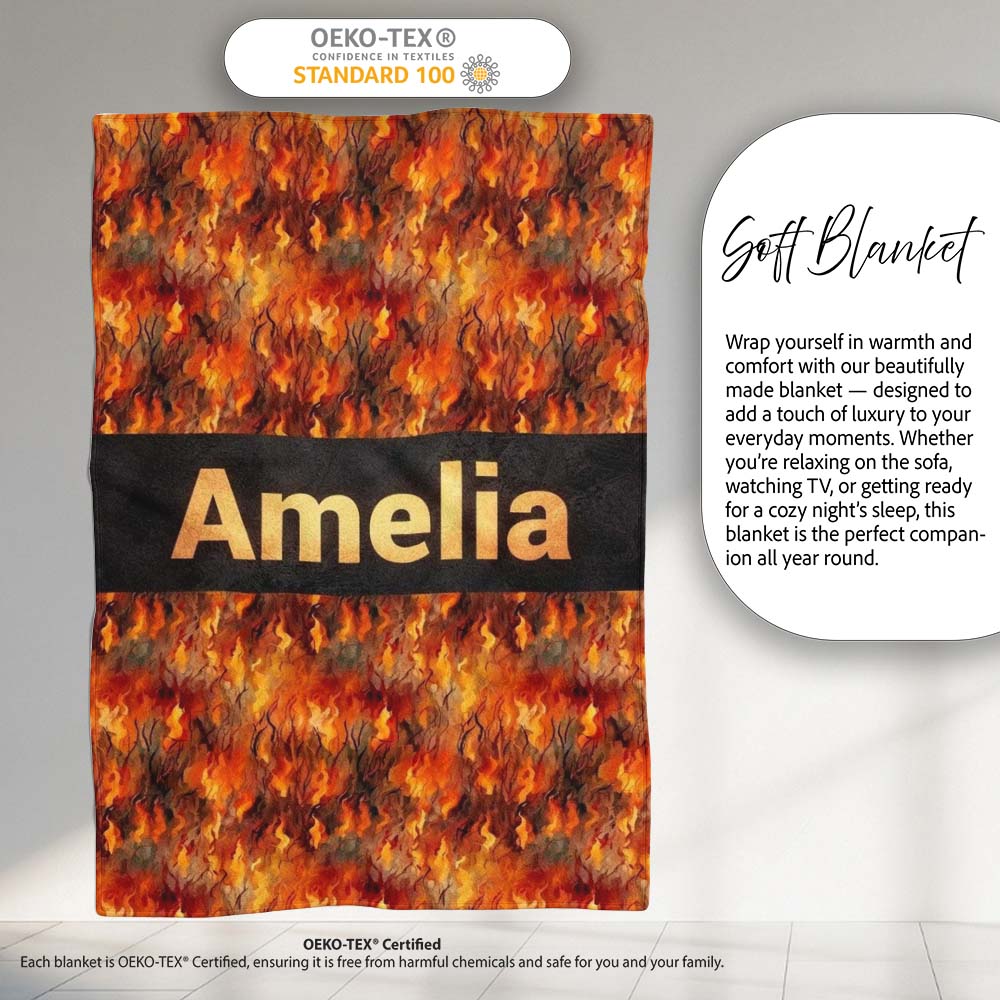 Intense Flame Texture with Abstract Fire Elements Seamless Pattern Personalised Custom Name Super Soft Fleece Blanket Bed Sofa Throw
