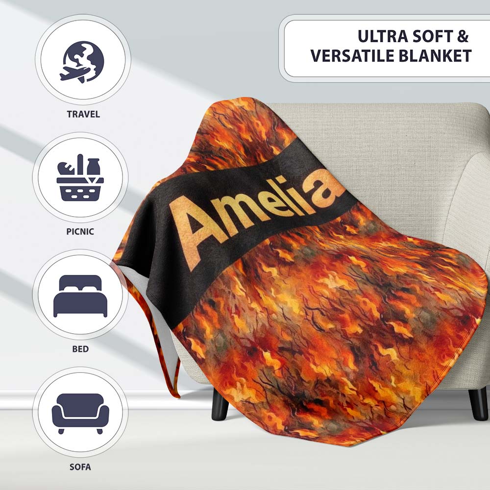 Intense Flame Texture with Abstract Fire Elements Seamless Pattern Personalised Custom Name Super Soft Fleece Blanket Bed Sofa Throw