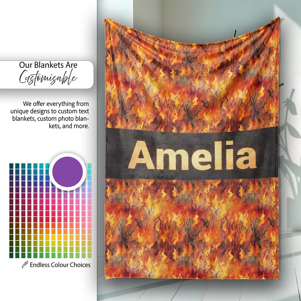 Intense Flame Texture with Abstract Fire Elements Seamless Pattern Personalised Custom Name Super Soft Fleece Blanket Bed Sofa Throw