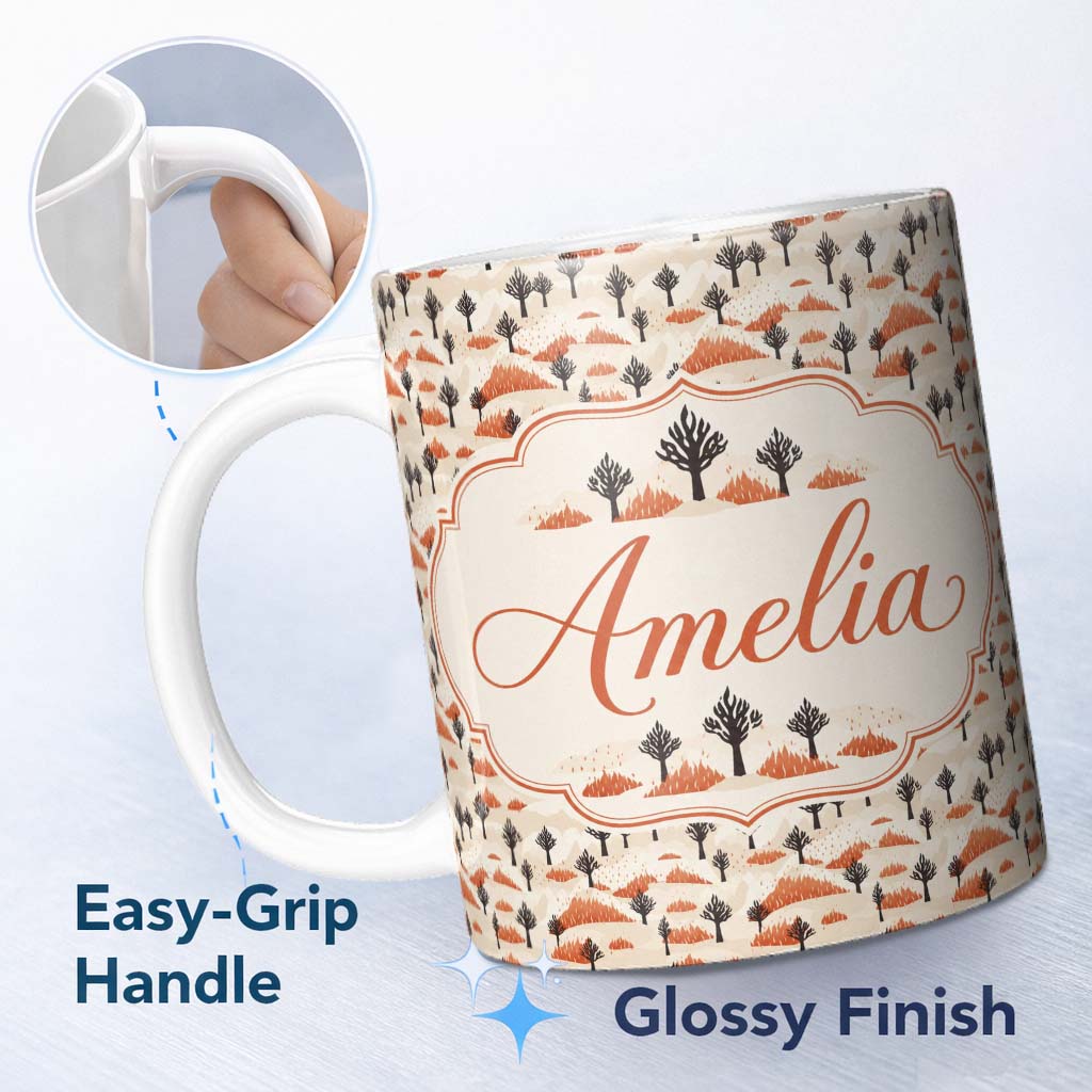 Personalized Custom Name Minimal Burnt Landscape with Sparse Trees and Fire Accents Seamless 11oz Ceramic Coffee Tea Mug White Large Handle