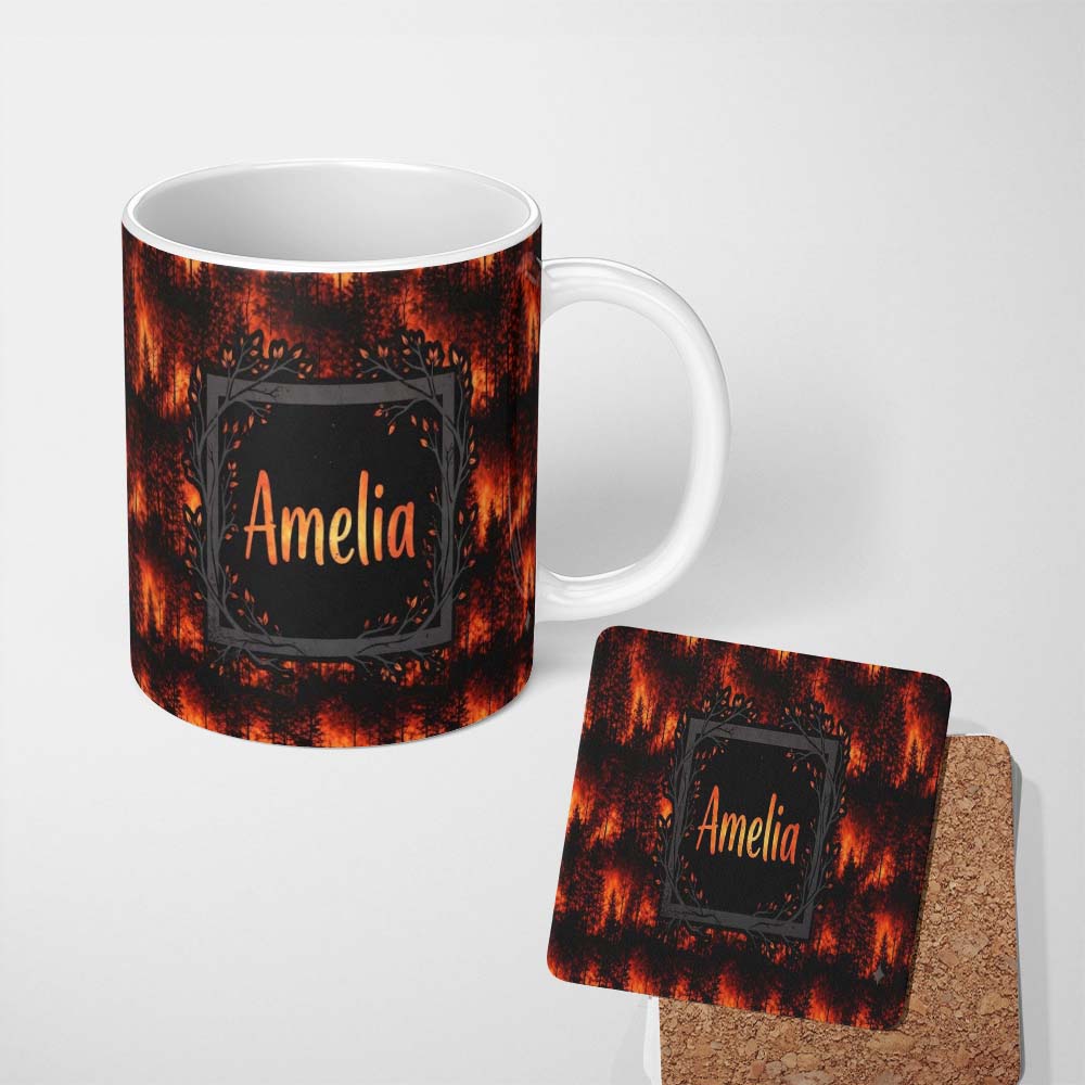 Personalized Custom Name Dark Wildfire Forest Scene with Glowing Flames Seamless Pattern 11oz Ceramic Coffee Tea Mug White Large Handle