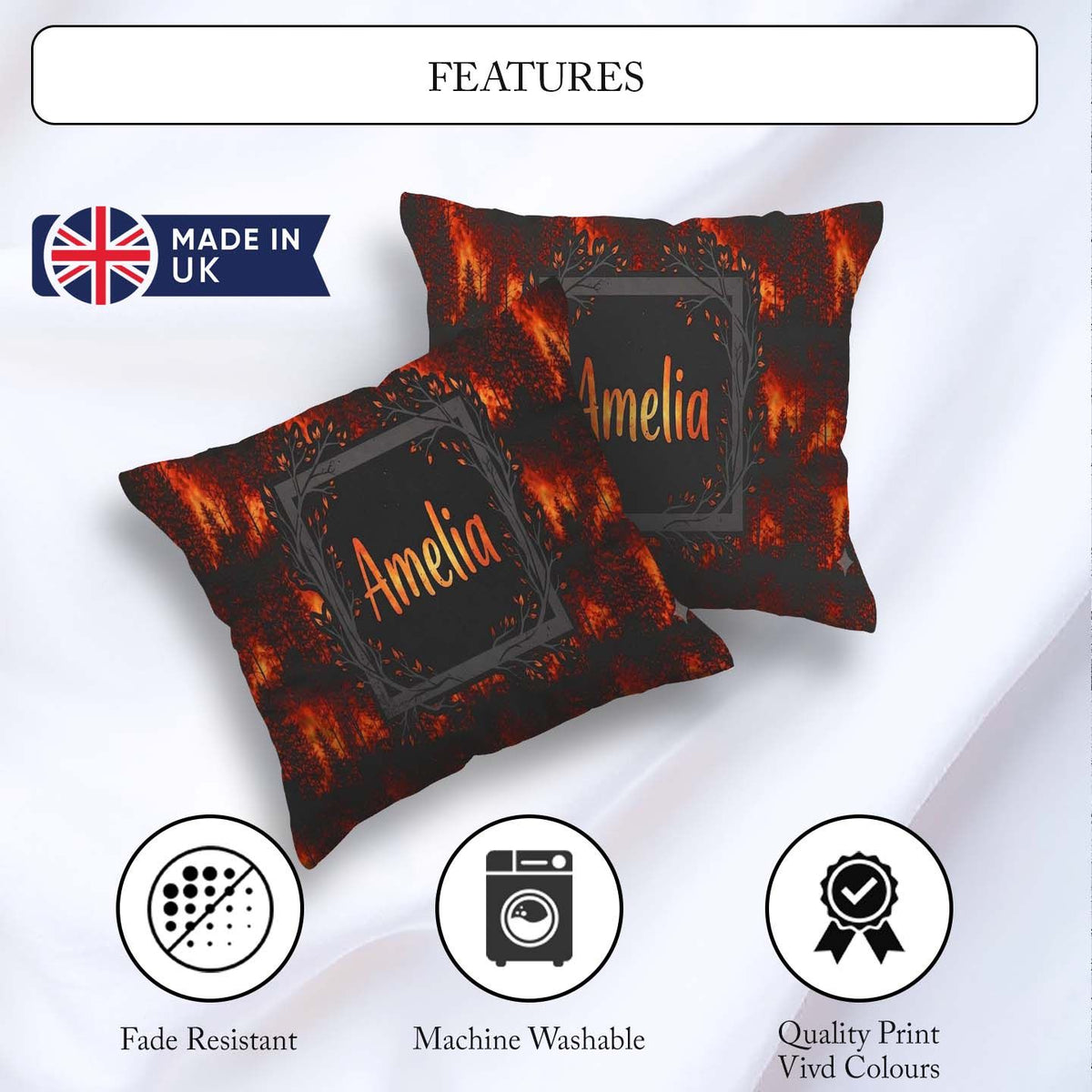 Custom Name Dark Wildfire Forest Glowing Flames Seamless Pattern Square Filled Cushion Throw Pillow Sofa Bed Home Decor Zip Washable UK Made