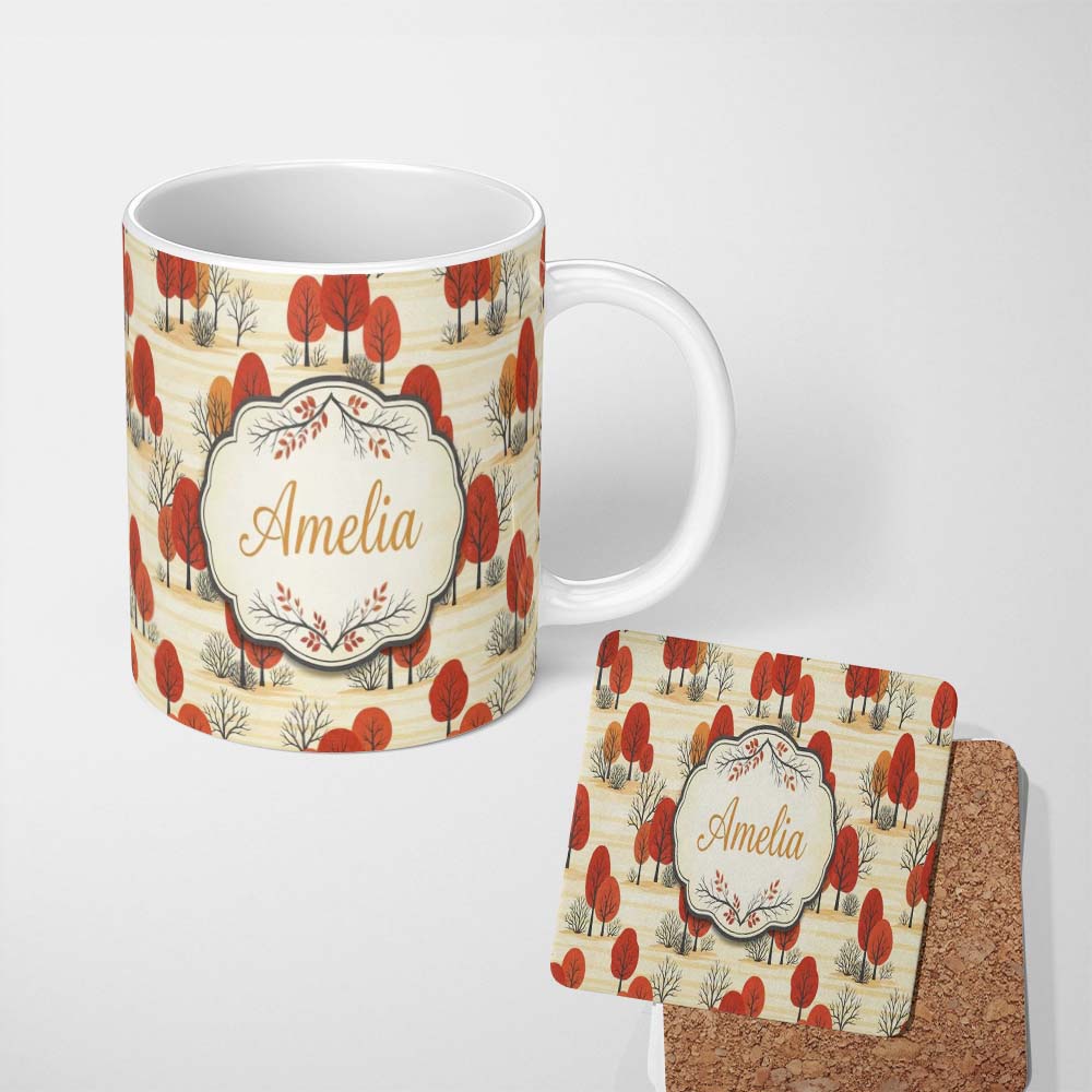 Personalized Custom Name Autumn Woodland Scene with Red Trees and Neutral Hills Seamless 11oz Ceramic Coffee Tea Mug White Large Handle