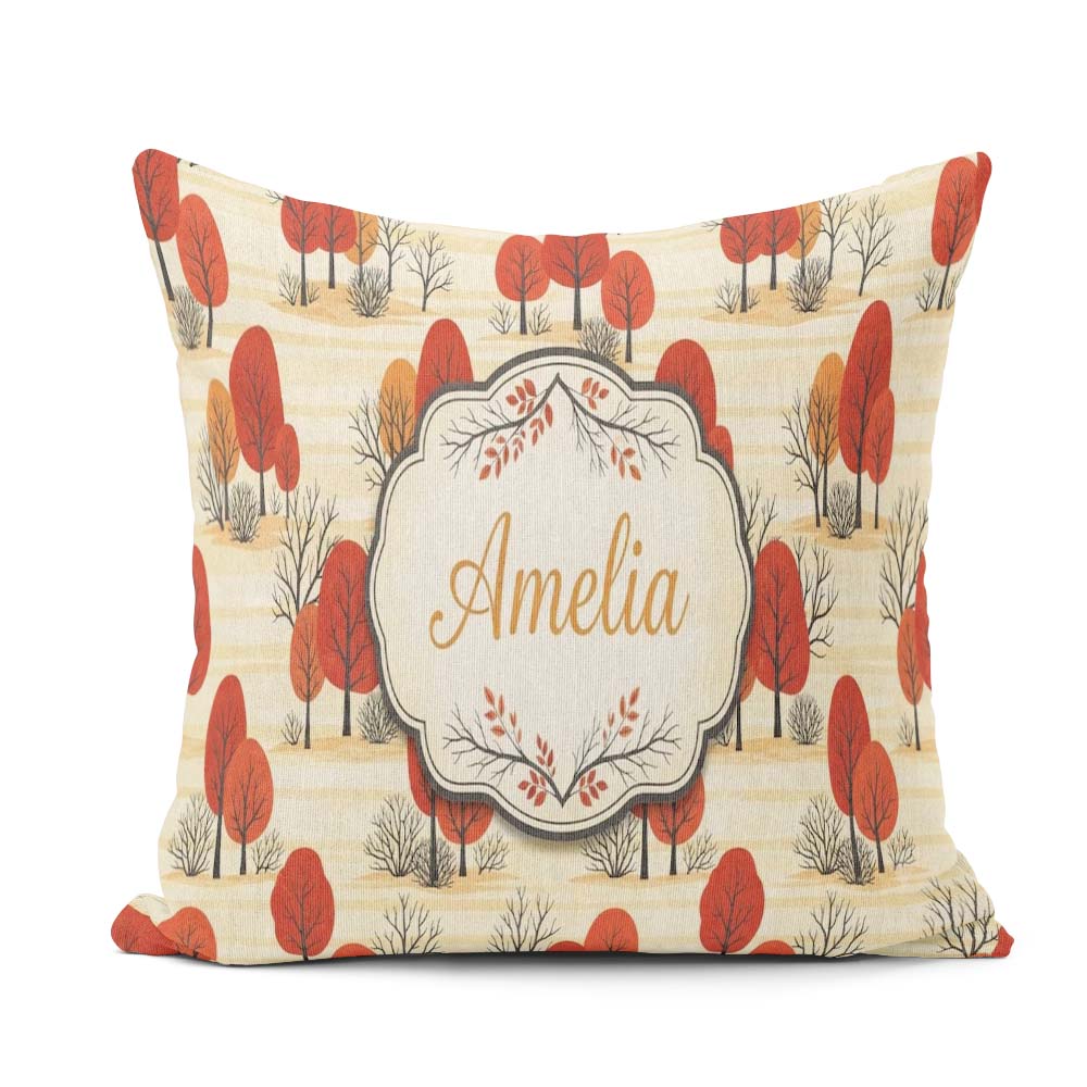 Custom Name Autumn Woodland Scene Red Trees and Neutral Seamless Square Filled Cushion Throw Pillow Sofa Bed Home Decor Zip Washable UK Made