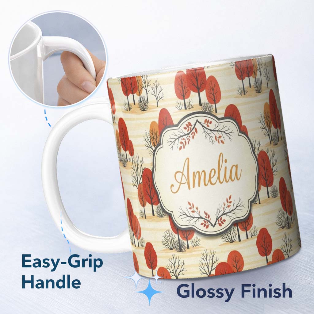 Personalized Custom Name Autumn Woodland Scene with Red Trees and Neutral Hills Seamless 11oz Ceramic Coffee Tea Mug White Large Handle