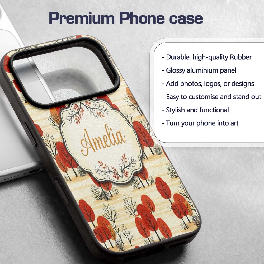 Autumn Woodland Scene with Red Trees and Neutral Custom Name Protective Phone Case Mobile Cover Durable Everyday Smartphone Shock Resistant