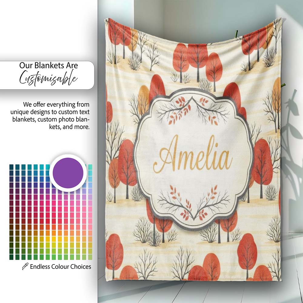 Autumn Woodland Scene with Red Trees and Neutral Hills Seamless Personalised Custom Name Super Soft Fleece Blanket Bed Sofa Throw