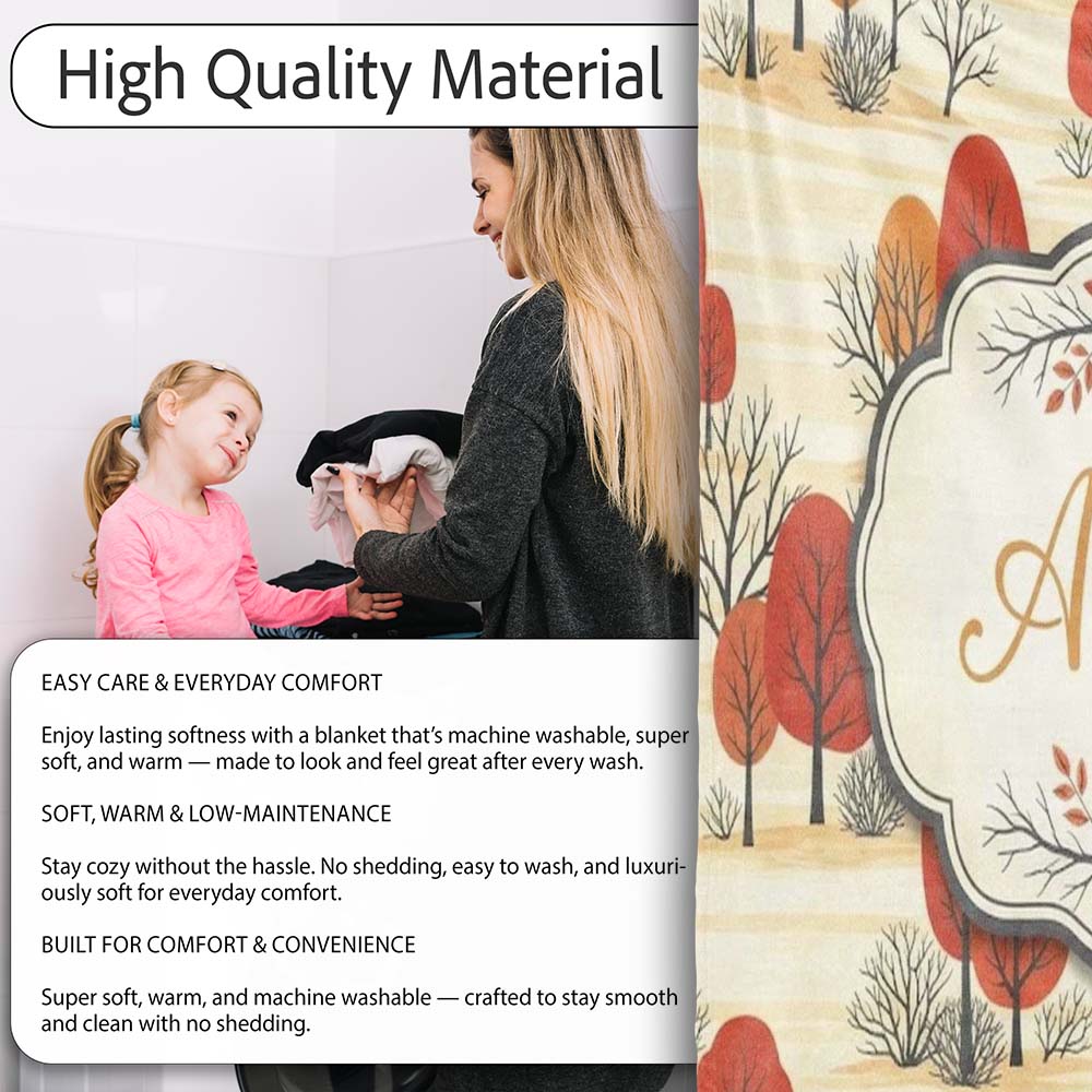 Autumn Woodland Scene with Red Trees and Neutral Hills Seamless Personalised Custom Name Super Soft Fleece Blanket Bed Sofa Throw