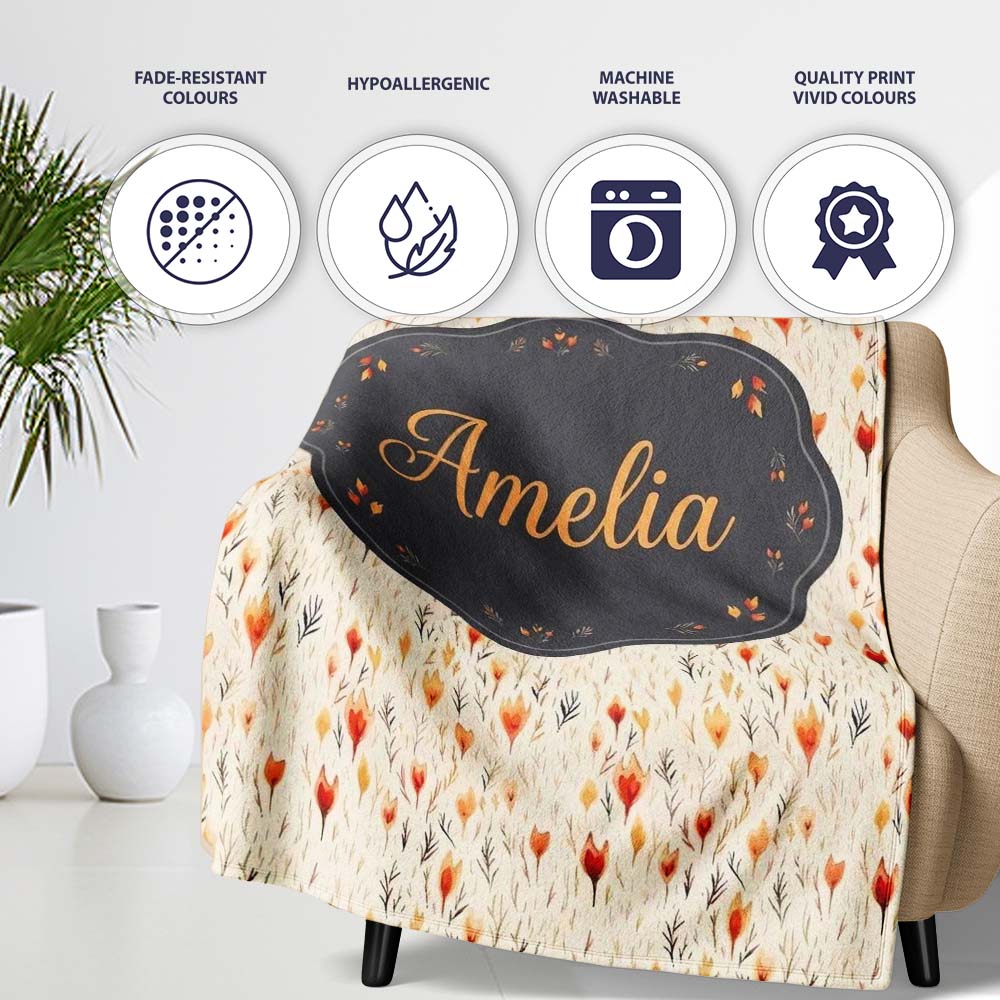 Delicate Small Floral Pattern in Warm Autumn Shades Seamless Name Personalised Custom Name Super Soft Fleece Blanket Bed Sofa Throw