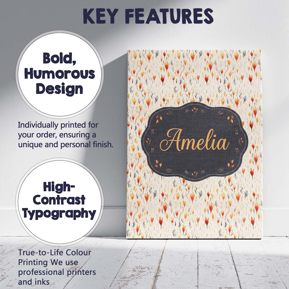 Personalised Name Delicate Small Floral Custom Modern Room Accent Elegant Feature Canvas Wall Art Print Decor Picture Ready to Hang