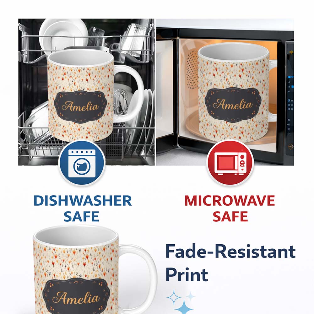 Personalized Custom Name Delicate Small Floral Pattern in Warm Autumn Shades Seamless Name 11oz Ceramic Coffee Tea Mug White Large Handle