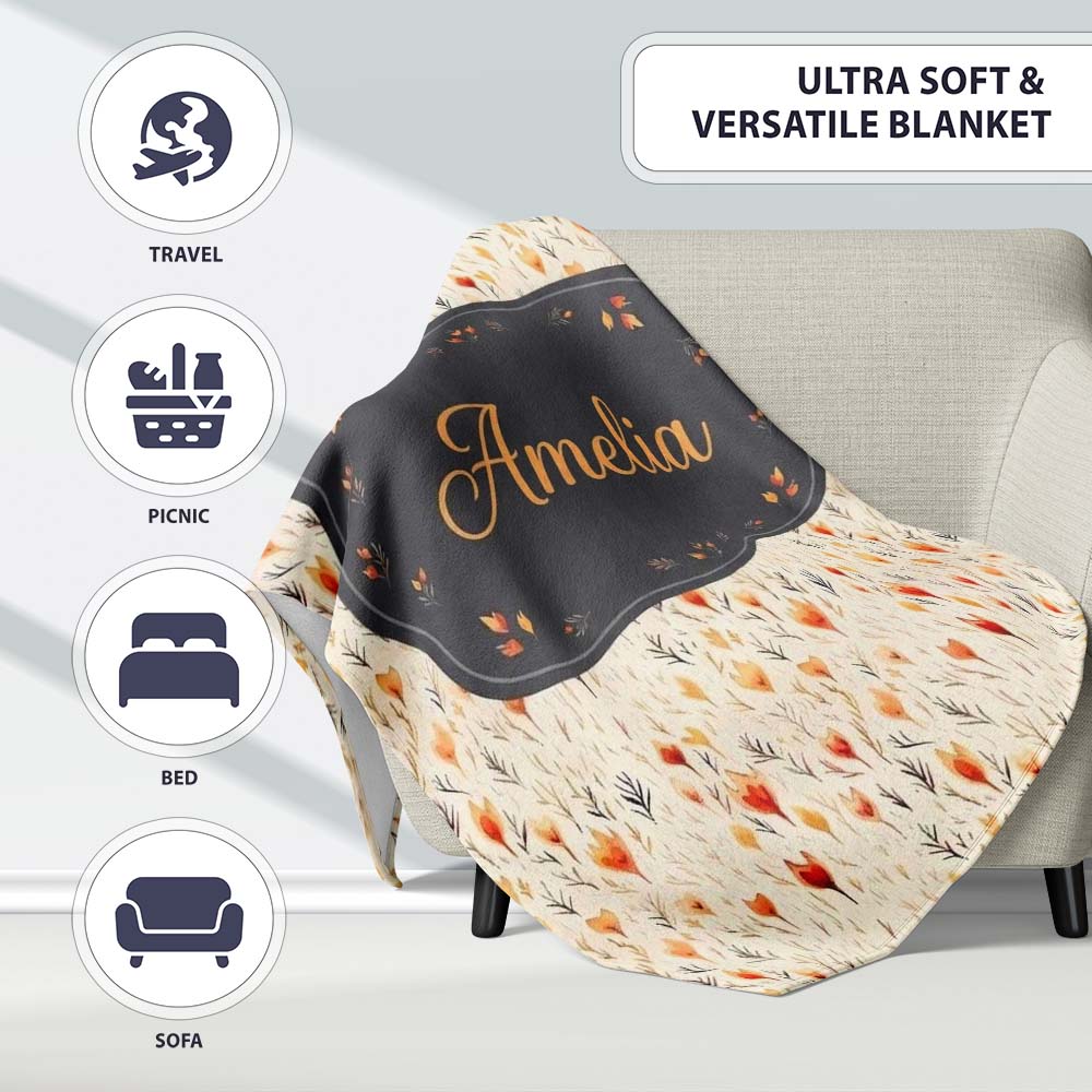 Delicate Small Floral Pattern in Warm Autumn Shades Seamless Name Personalised Custom Name Super Soft Fleece Blanket Bed Sofa Throw