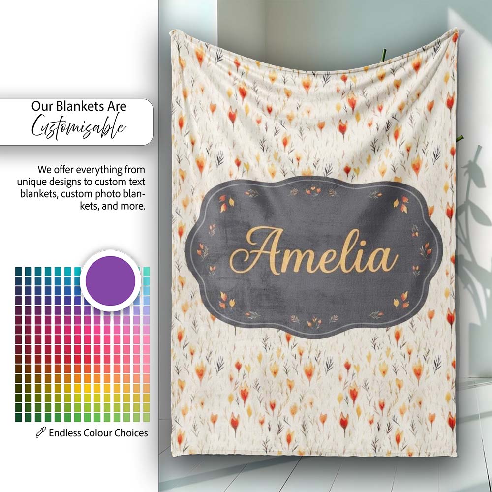 Delicate Small Floral Pattern in Warm Autumn Shades Seamless Name Personalised Custom Name Super Soft Fleece Blanket Bed Sofa Throw