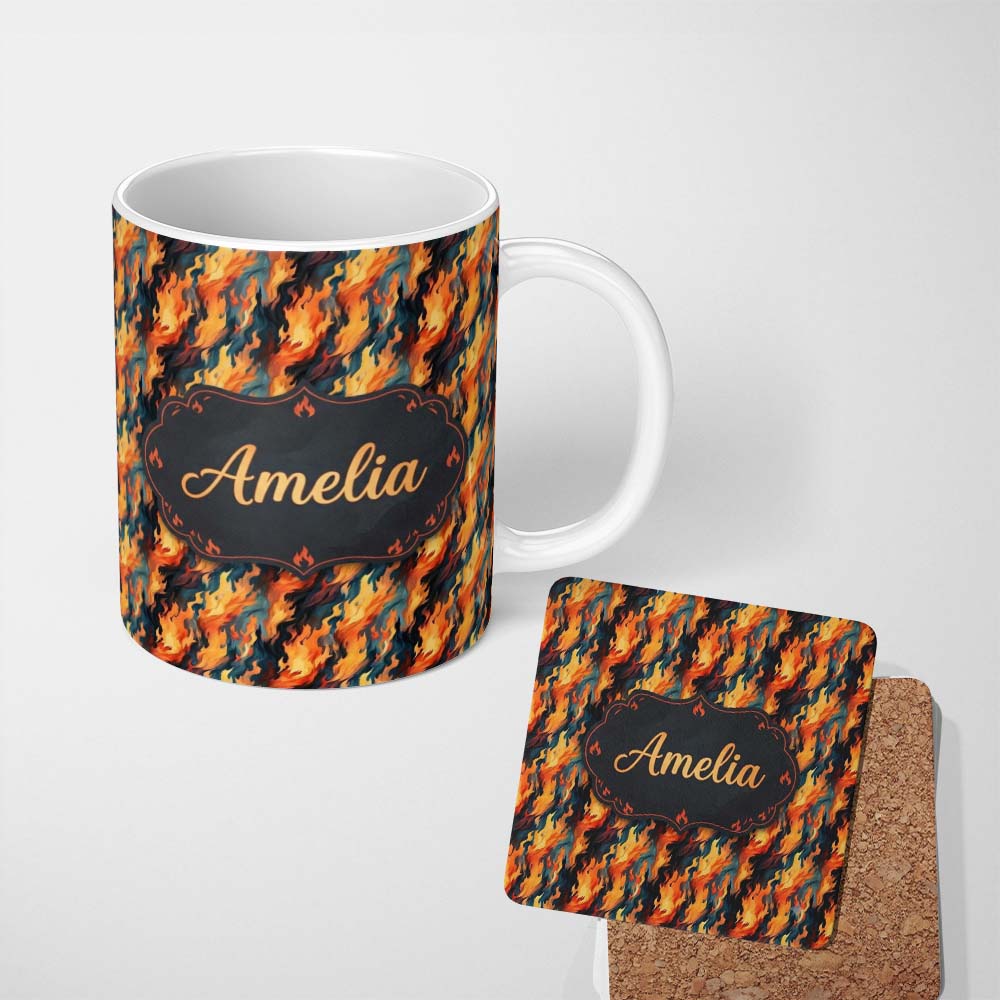 Personalized Custom Name Abstract Flowing Flames in Orange and Blue Tones Seamless Pattern 11oz Ceramic Coffee Tea Mug White Large Handle