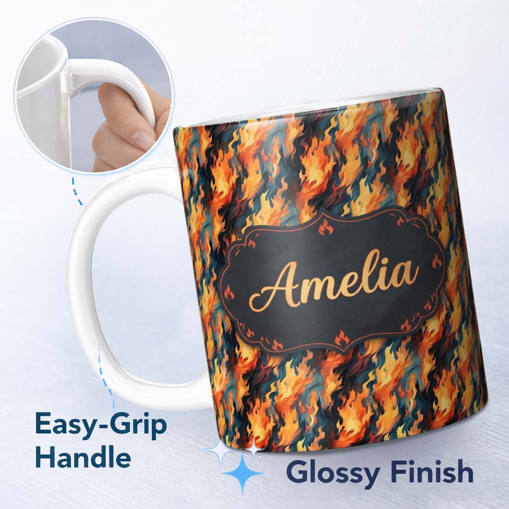 Personalized Custom Name Abstract Flowing Flames in Orange and Blue Tones Seamless Pattern 11oz Ceramic Coffee Tea Mug White Large Handle