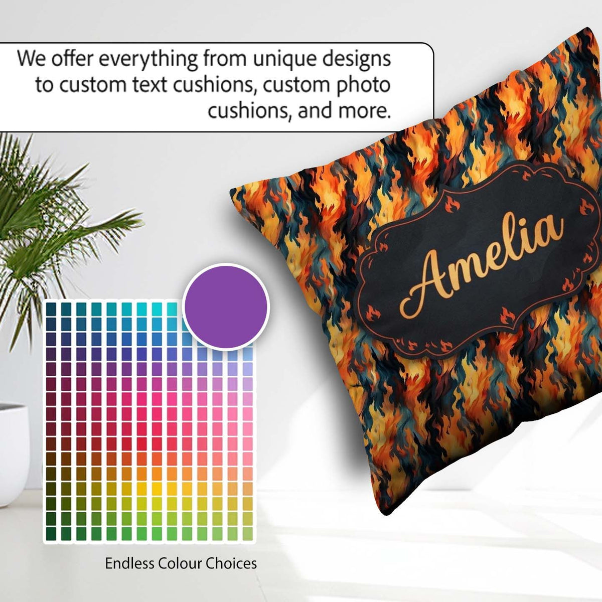 Custom Name Abstract Flowing Flames in Orange and Tones Seamless Square Filled Cushion Throw Pillow Sofa Bed Home Decor Zip Washable UK Made