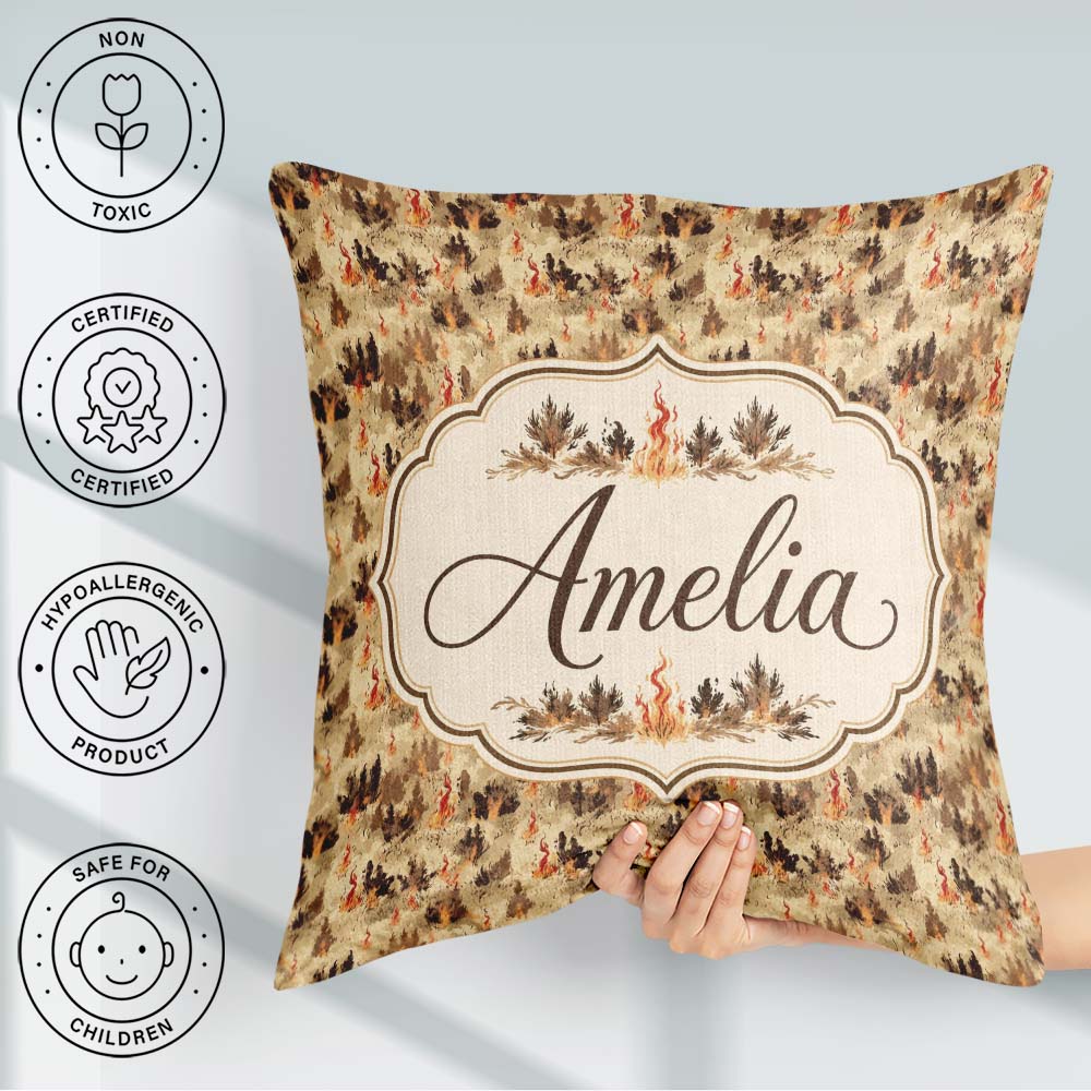 Custom Name Burnt Earth with Scattered Flames and Ashes Seamless Square Filled Cushion Throw Pillow Sofa Bed Home Decor Zip Washable UK Made