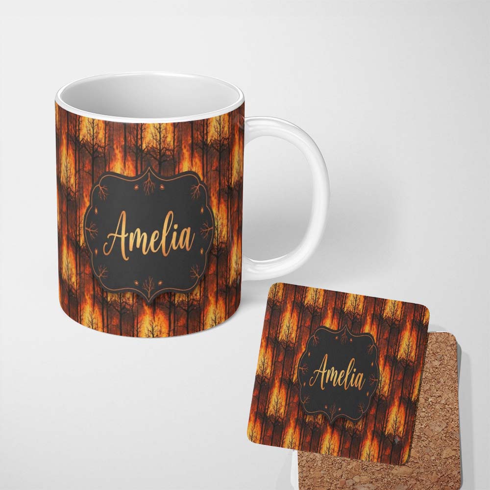Personalized Custom Name Wildfire Forest Landscape with Intense Burning Trees Seamless 11oz Ceramic Coffee Tea Mug White Large Handle