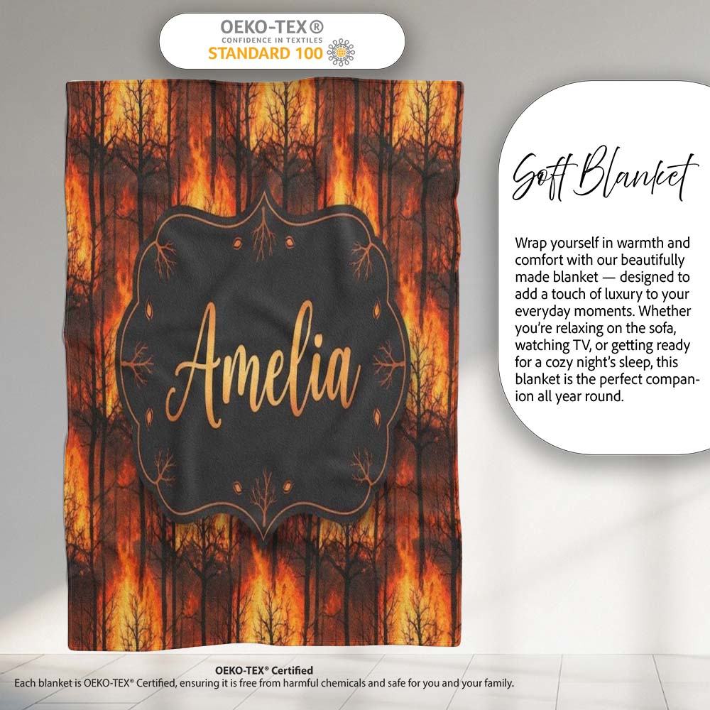 Wildfire Forest Landscape with Intense Burning Trees Seamless Personalised Custom Name Super Soft Fleece Blanket Bed Sofa Throw