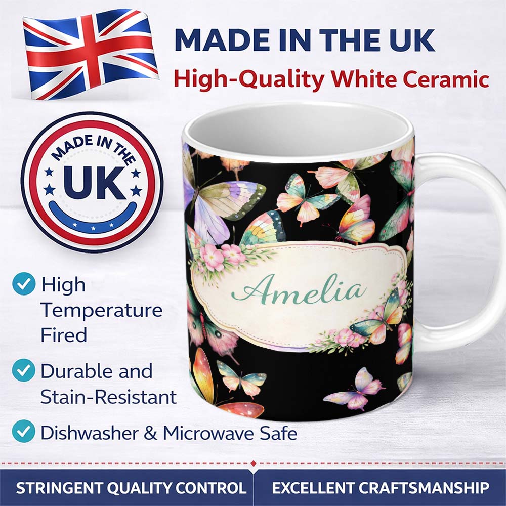 Personalized Custom Name Pastel Watercolor Butterflies White Background Seamless Pattern 11oz Ceramic Coffee Tea Mug White Large Handle