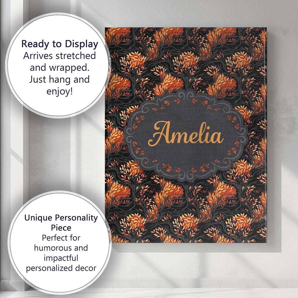 Personalised Name Dark Autumn Leaves with Custom Unique Gift Idea Elegant Feature Canvas Wall Art Print Decor Picture Ready to Hang
