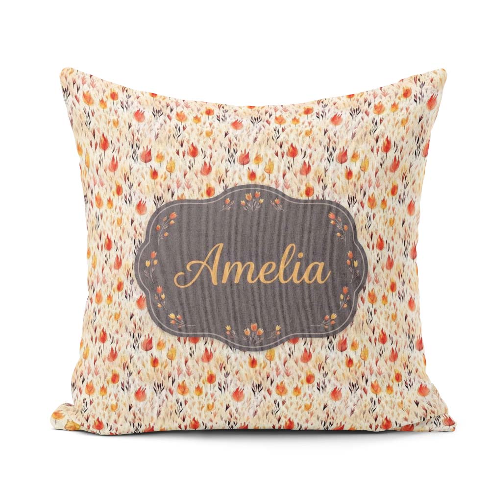Custom Name Small Autumn Floral Pattern in Warm Red Orange Tones Square Filled Cushion Throw Pillow Sofa Bed Home Decor Zip Washable UK Made