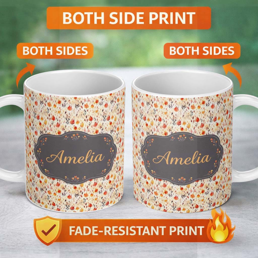 Personalized Custom Name Small Autumn Floral Pattern in Warm Red and Orange Tones Seamless 11oz Ceramic Coffee Tea Mug White Large Handle