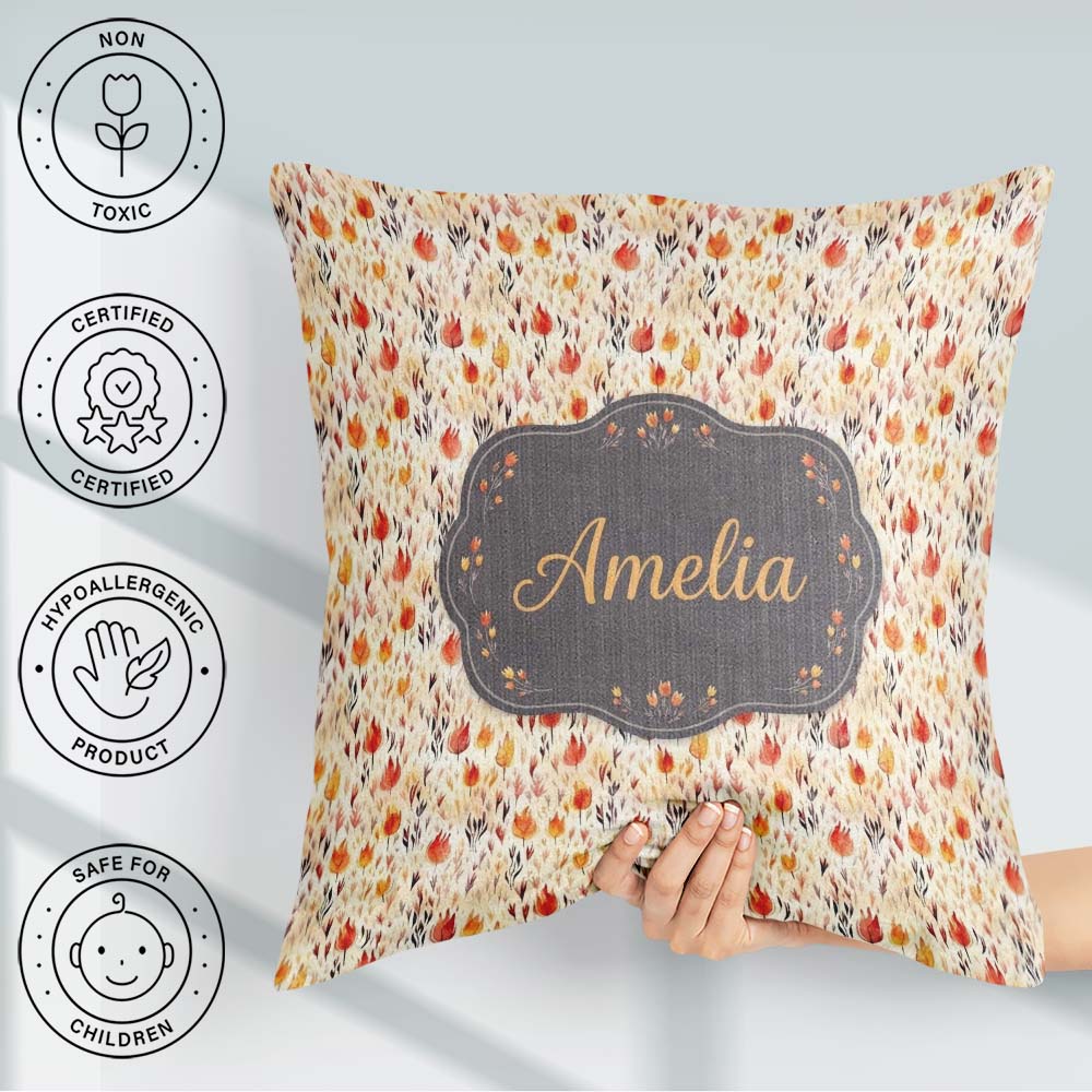Custom Name Small Autumn Floral Pattern in Warm Red Orange Tones Square Filled Cushion Throw Pillow Sofa Bed Home Decor Zip Washable UK Made