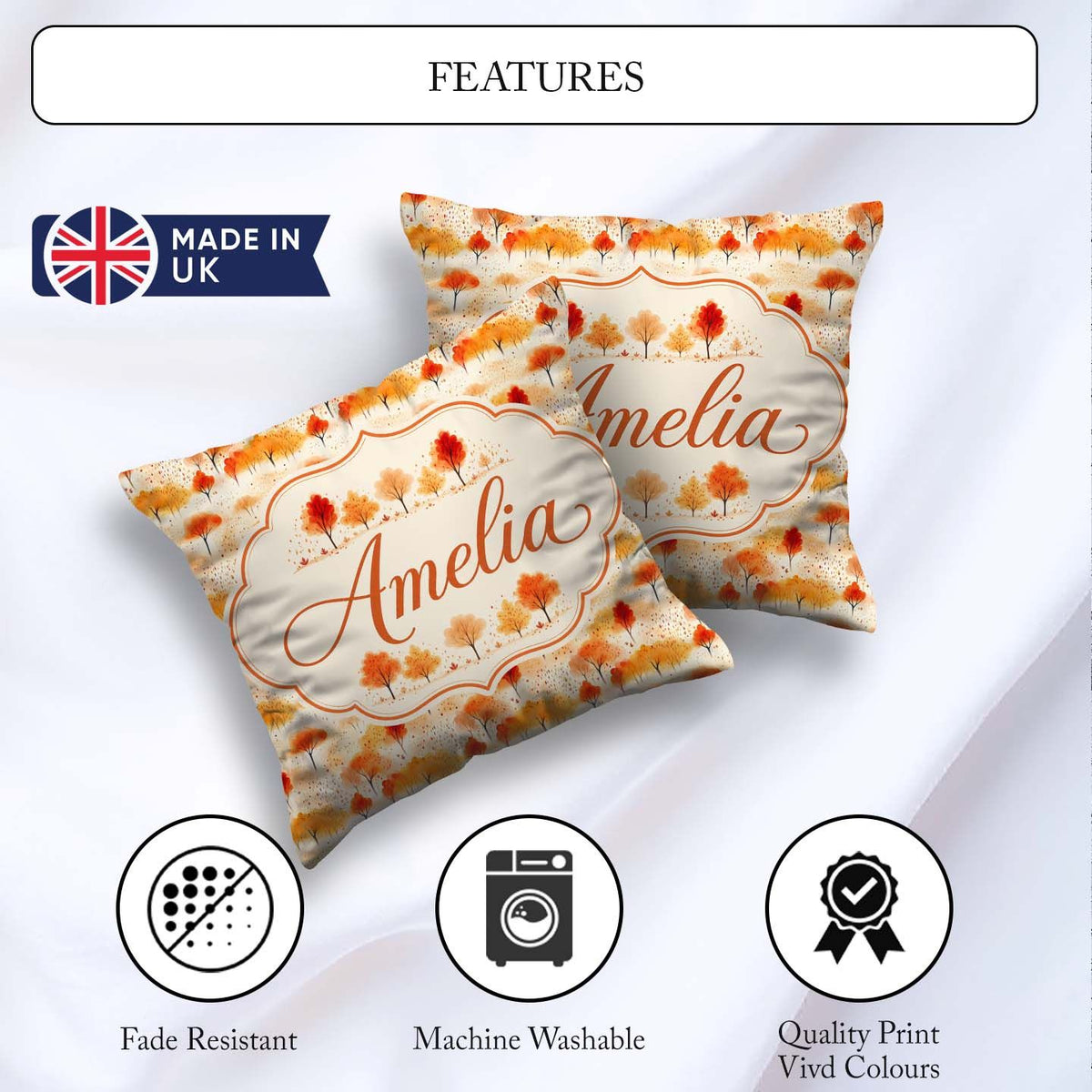 Custom Name Soft Autumn Trees in Landscape Seamless Pattern Name Square Filled Cushion Throw Pillow Sofa Bed Home Decor Zip Washable UK Made