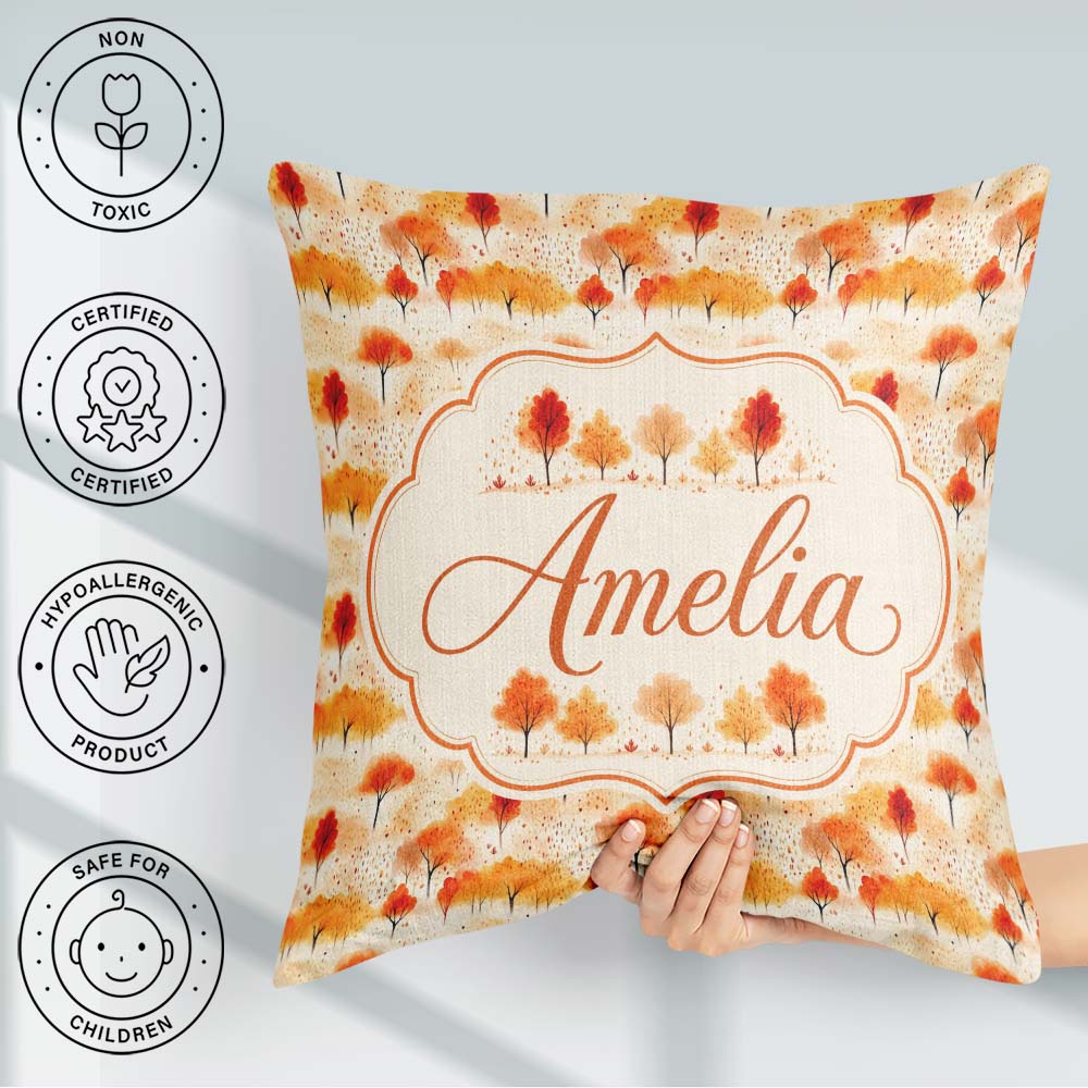 Custom Name Soft Autumn Trees in Landscape Seamless Pattern Name Square Filled Cushion Throw Pillow Sofa Bed Home Decor Zip Washable UK Made