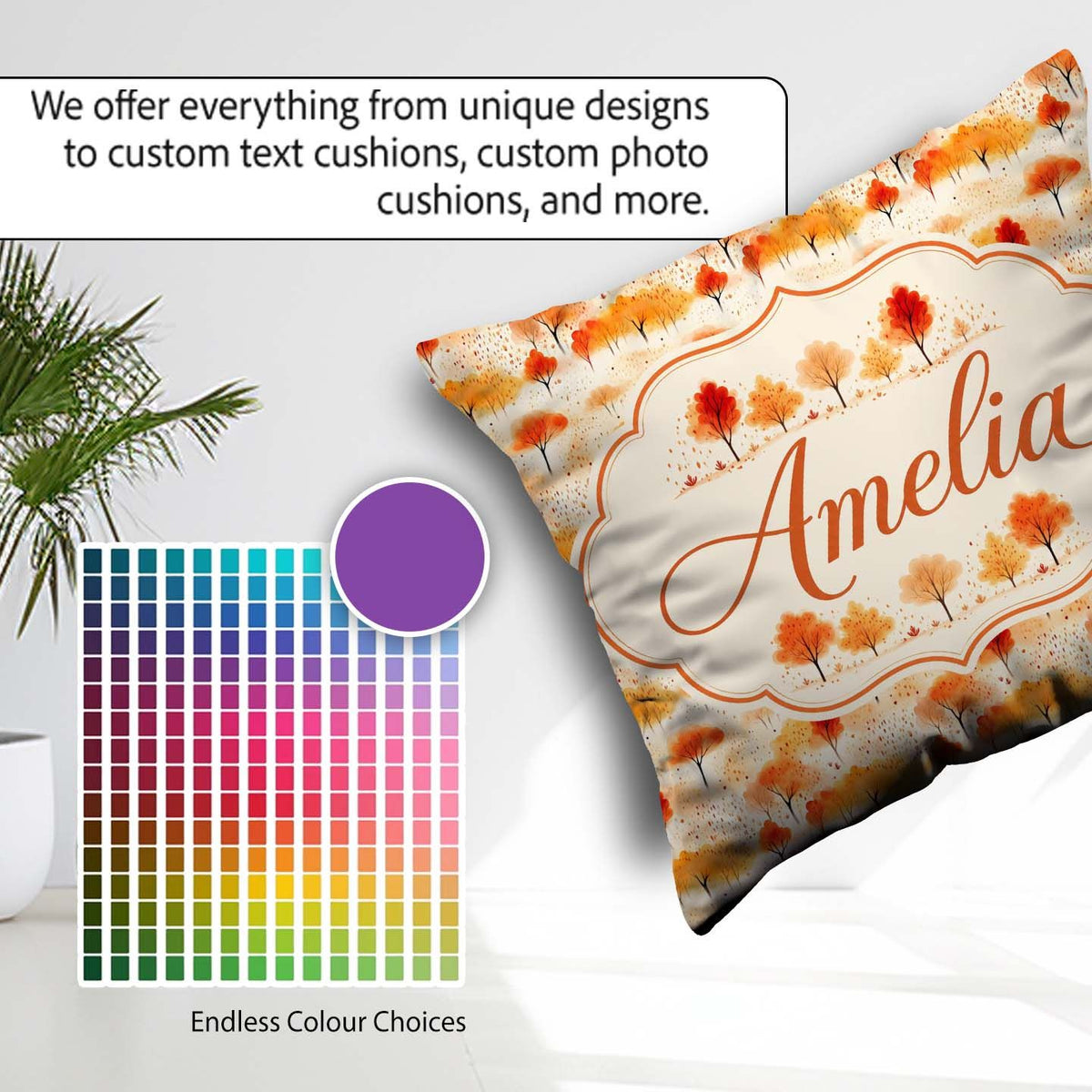 Custom Name Soft Autumn Trees in Landscape Seamless Pattern Name Square Filled Cushion Throw Pillow Sofa Bed Home Decor Zip Washable UK Made