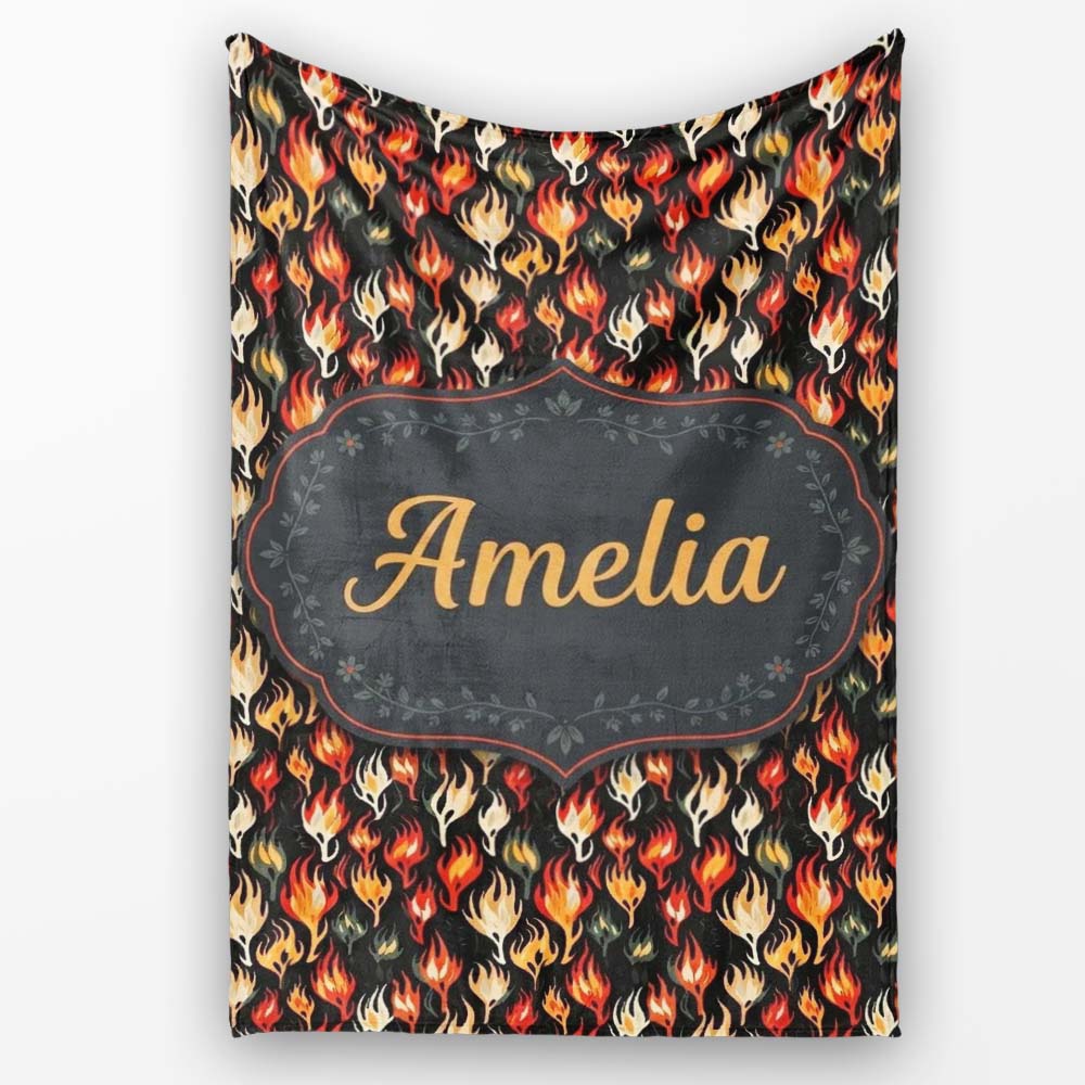 Stylised Flame Leaves on Black Background Seamless Pattern Name Cute Personalised Custom Name Super Soft Fleece Blanket Bed Sofa Throw