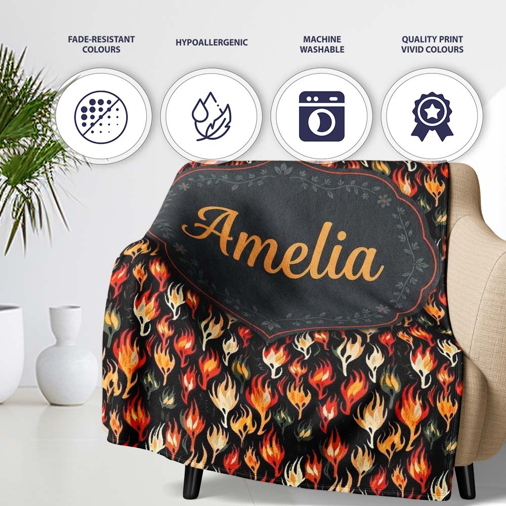 Stylised Flame Leaves on Black Background Seamless Pattern Name Cute Personalised Custom Name Super Soft Fleece Blanket Bed Sofa Throw