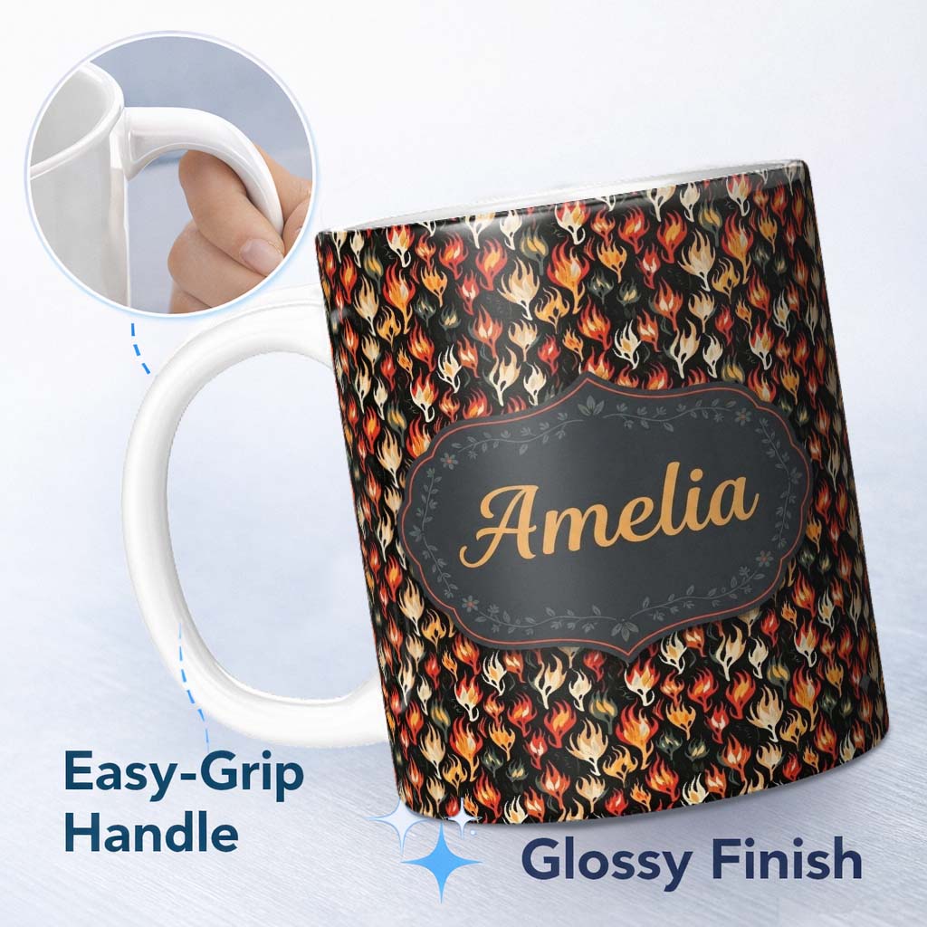 Personalized Custom Name Stylised Flame Leaves on Black Background Seamless Pattern Name Cute 11oz Ceramic Coffee Tea Mug White Large Handle