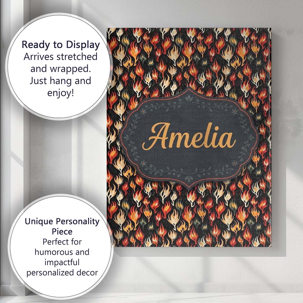 Personalised Name Stylised Flame Leaves on Custom Unique Gift Idea Elegant Feature Canvas Wall Art Print Decor Picture Ready to Hang