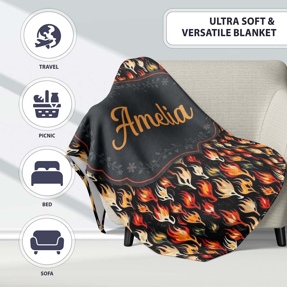 Stylised Flame Leaves on Black Background Seamless Pattern Name Cute Personalised Custom Name Super Soft Fleece Blanket Bed Sofa Throw