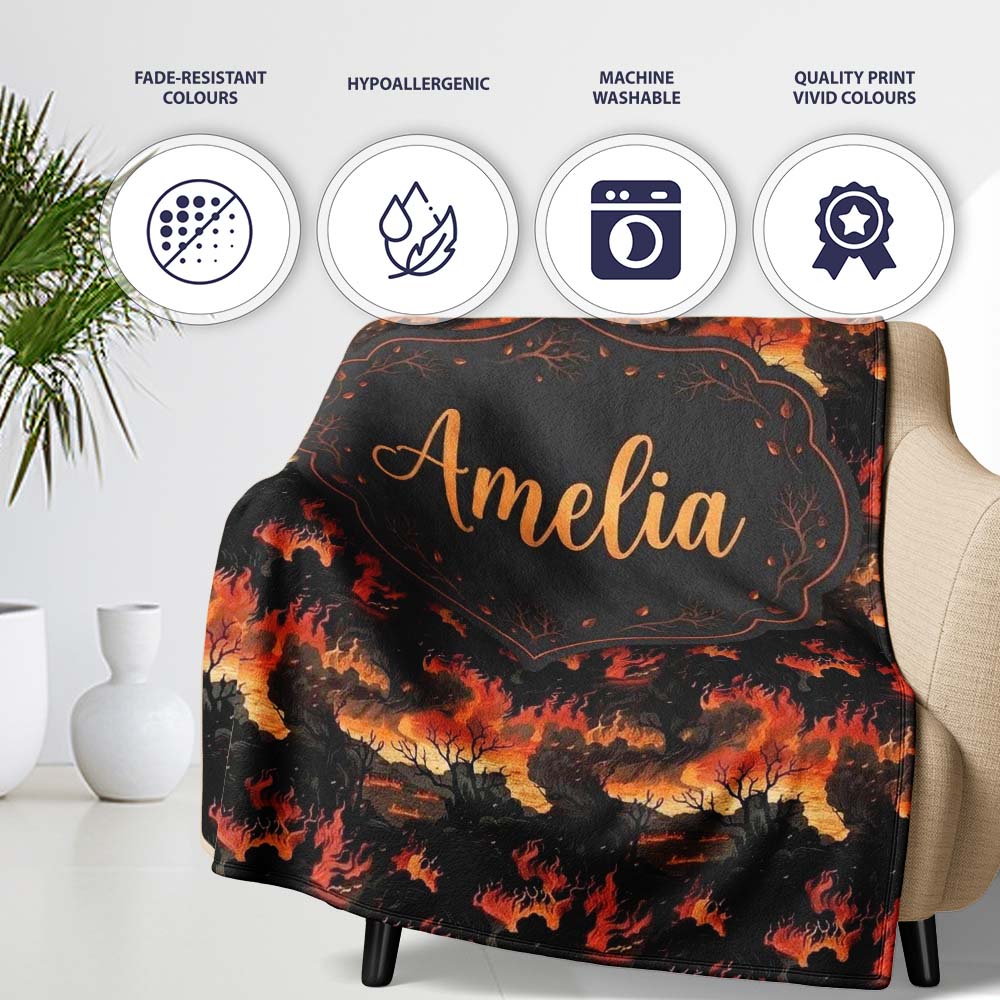 Dark Burning Forest Scene with Dramatic Fire Glow Seamless Pattern Personalised Custom Name Super Soft Fleece Blanket Bed Sofa Throw