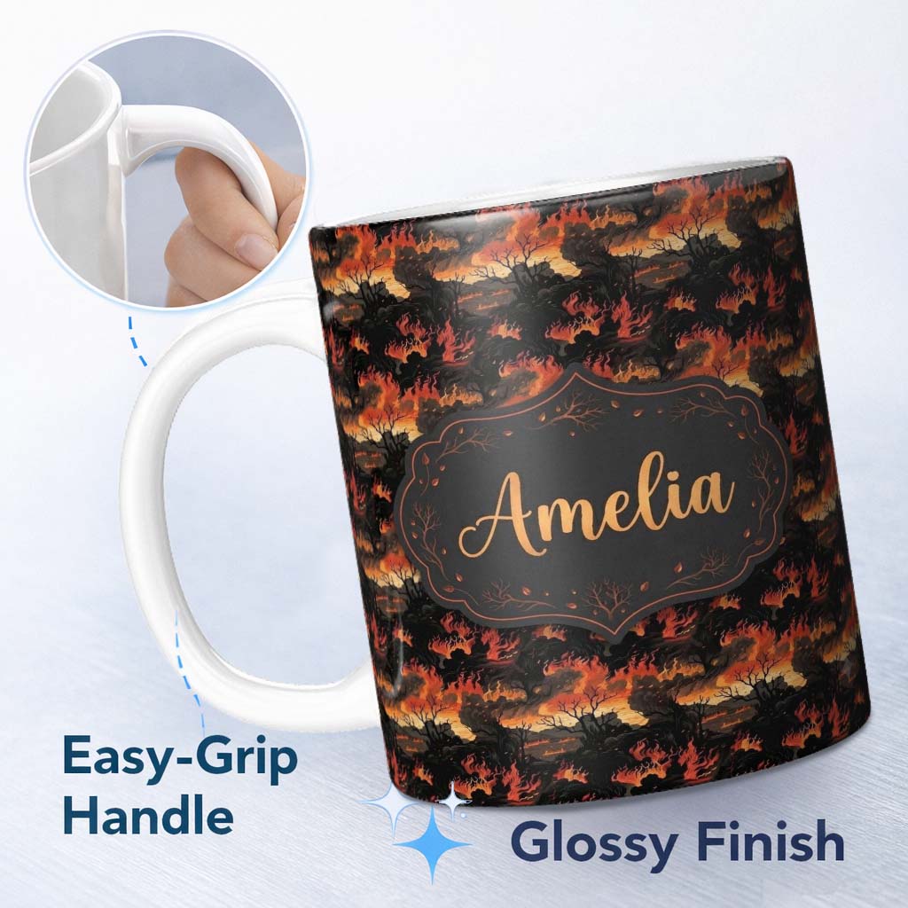 Personalized Custom Name Dark Burning Forest Scene with Dramatic Fire Glow Seamless Pattern 11oz Ceramic Coffee Tea Mug White Large Handle