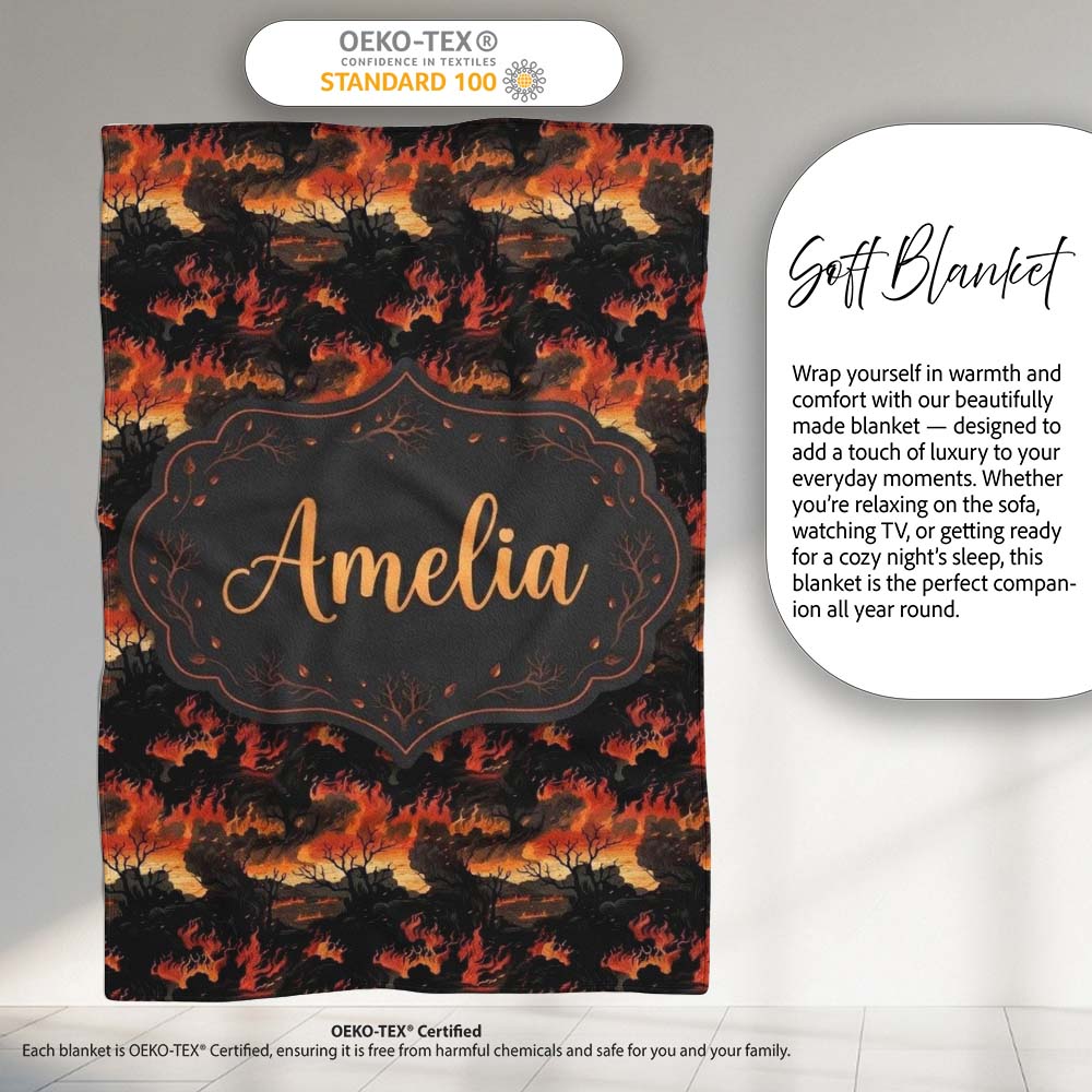 Dark Burning Forest Scene with Dramatic Fire Glow Seamless Pattern Personalised Custom Name Super Soft Fleece Blanket Bed Sofa Throw